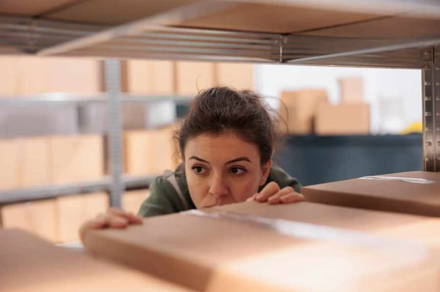 Box de stockage bien organisé avec meubles protégés et cartons étiquetés